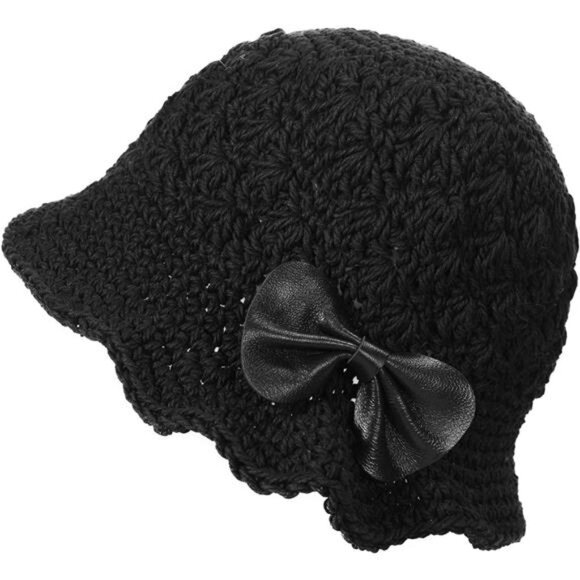 Women Winter Crochet Bucket Hat Bow Black